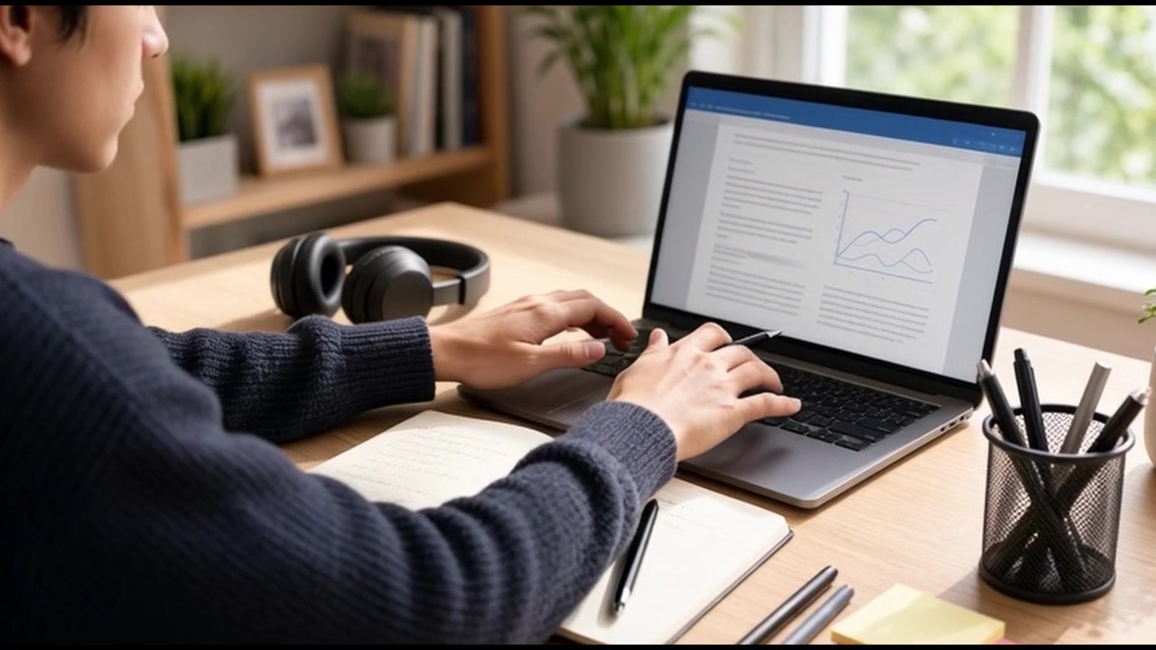 Young Man Working on Laptop and Taking Notes at Home Office