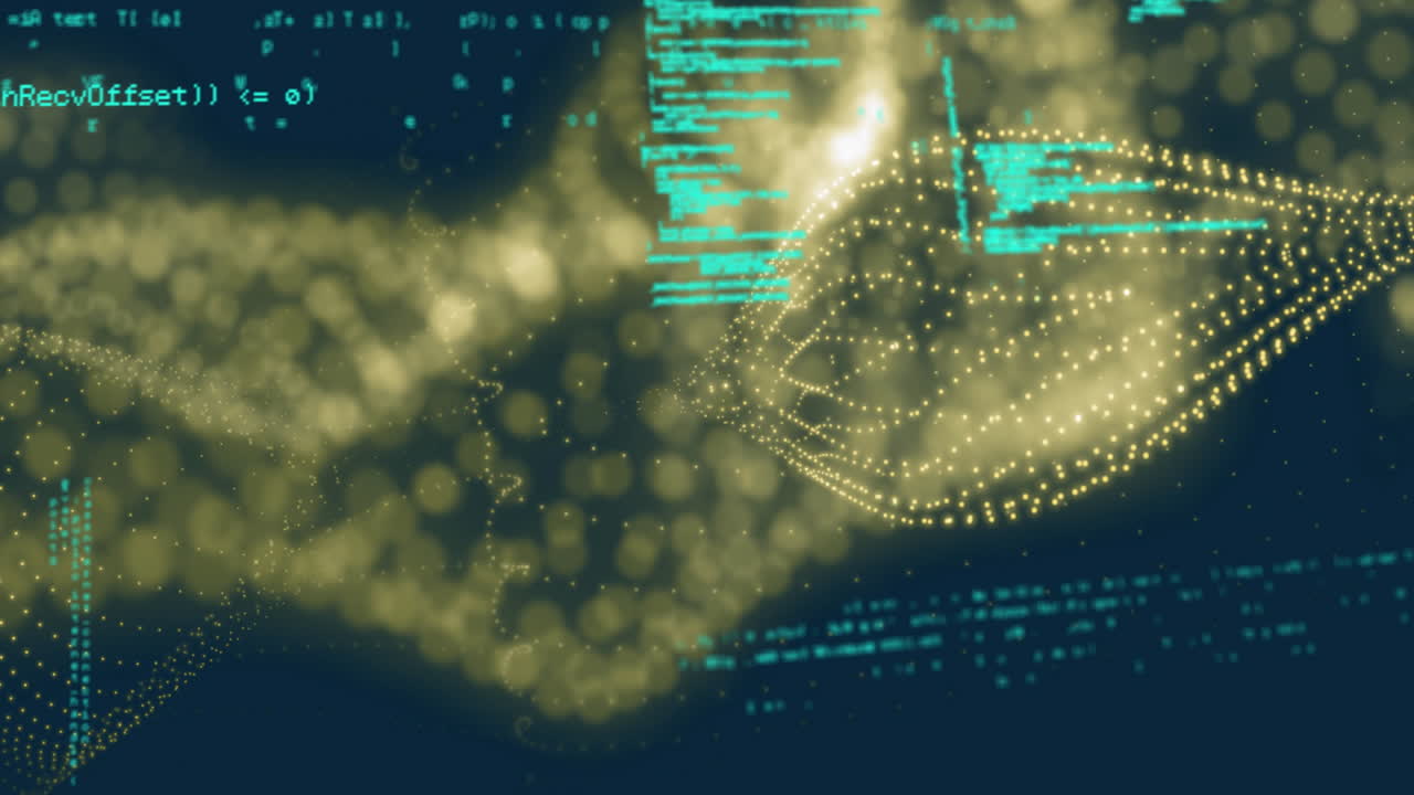 Animation of digital particles forming dynamic wave pattern on dark background