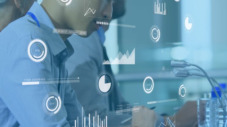 Animation af interface med statistisk databehandling over en asiatisk mand, der tager noter på kontoret.