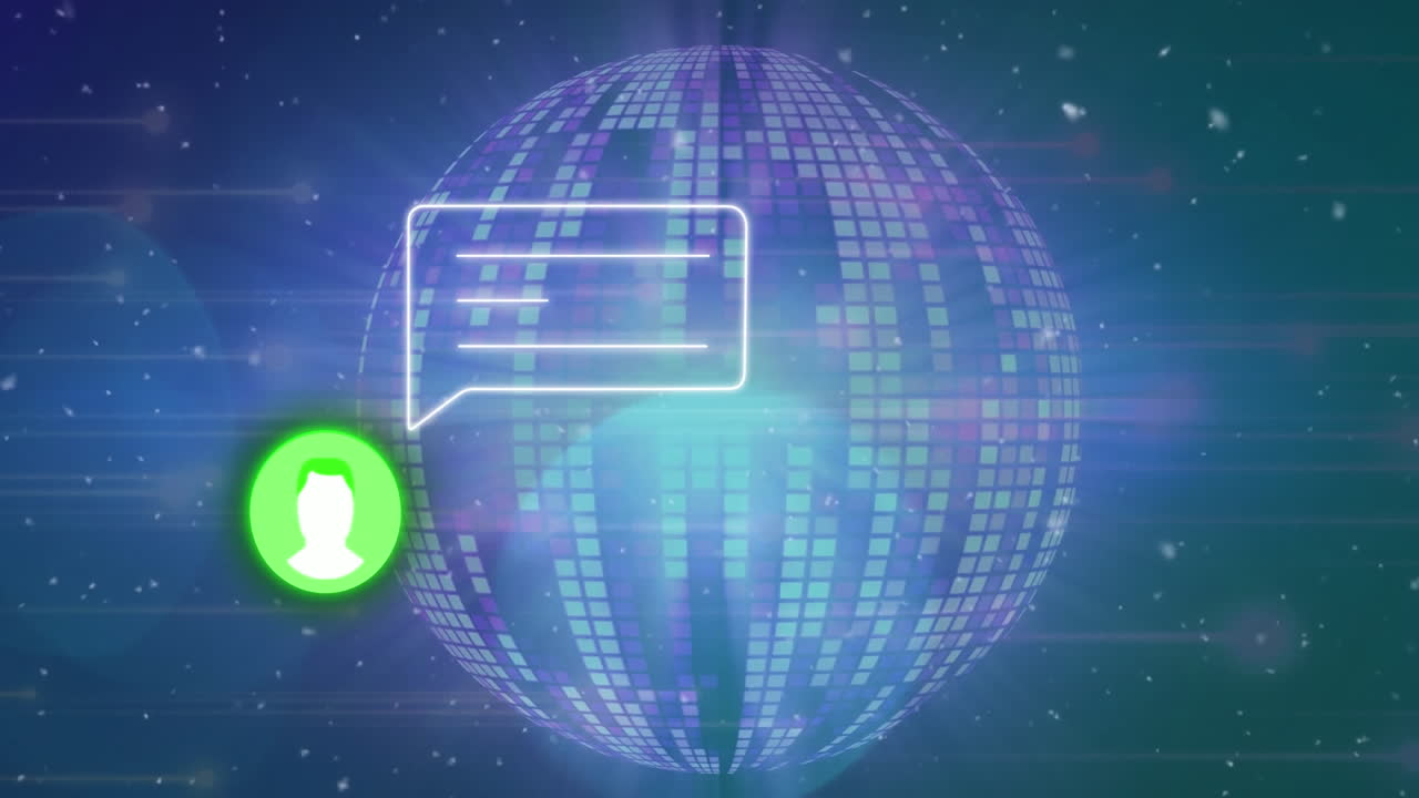 animación de partículas blancas que caen sobre el perfil y el mensaje y la bola de discoteca contra puntos de luz