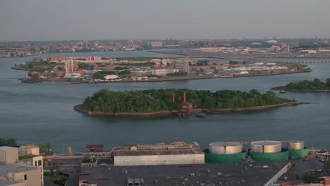 Aerial view of Rikers Island. Shot on a spring day in New York City.