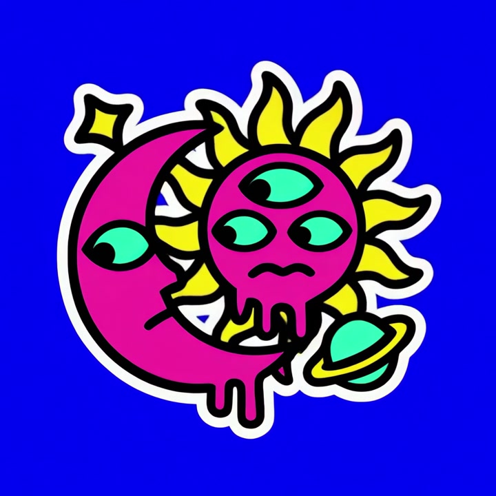Animeret psykedelisk sol- og måneillustration på blå baggrund