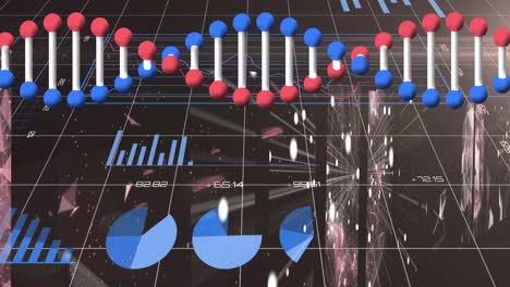 Animation of data processing and dna over dark background