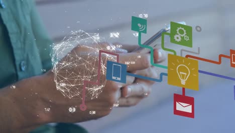 animación del globo de conexiones y procesamiento de datos sobre el hombre caucásico usando un teléfono inteligente
