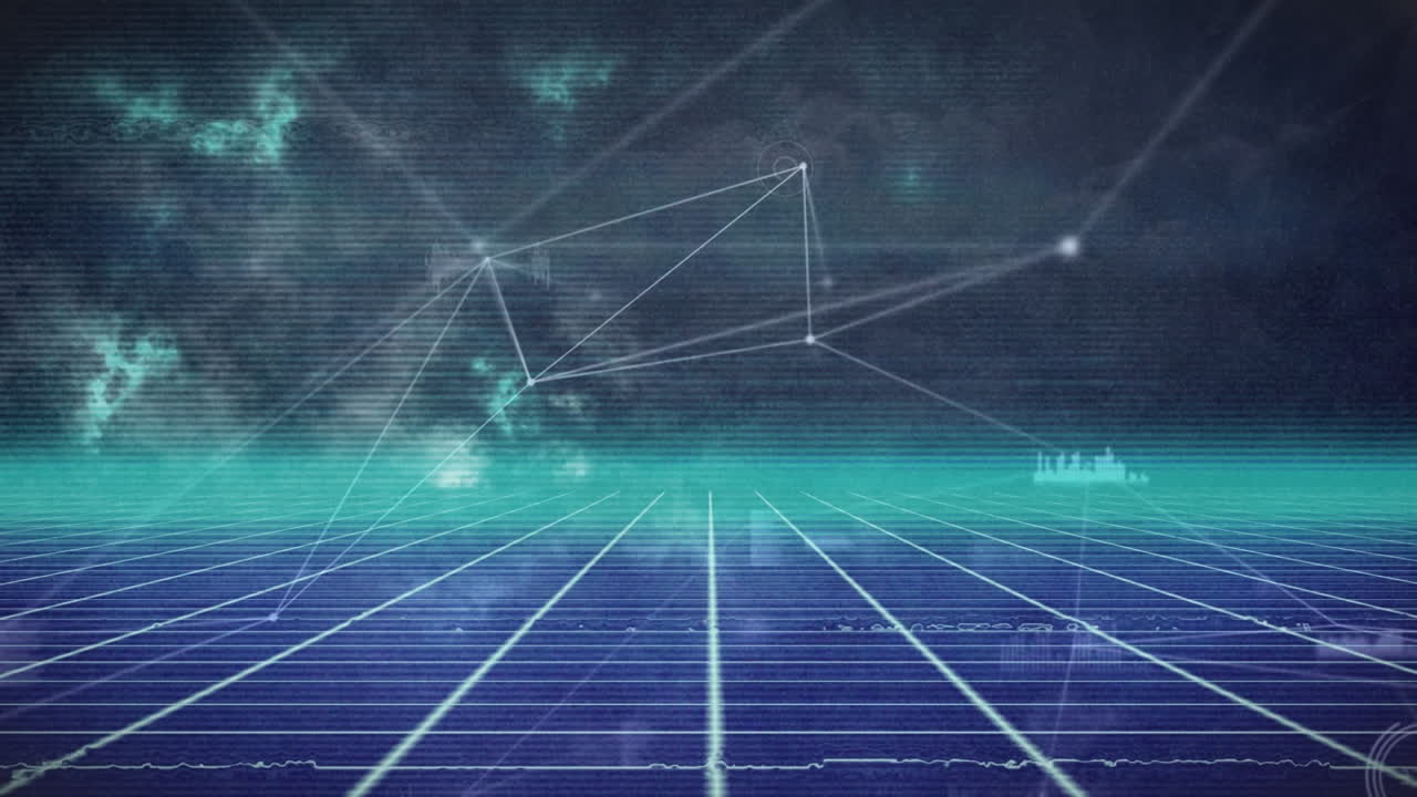 Animation of network of connections ove blue glowing grid