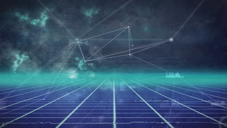 animation eines netzwerks von verbindungen über ein blau leuchtendes raster