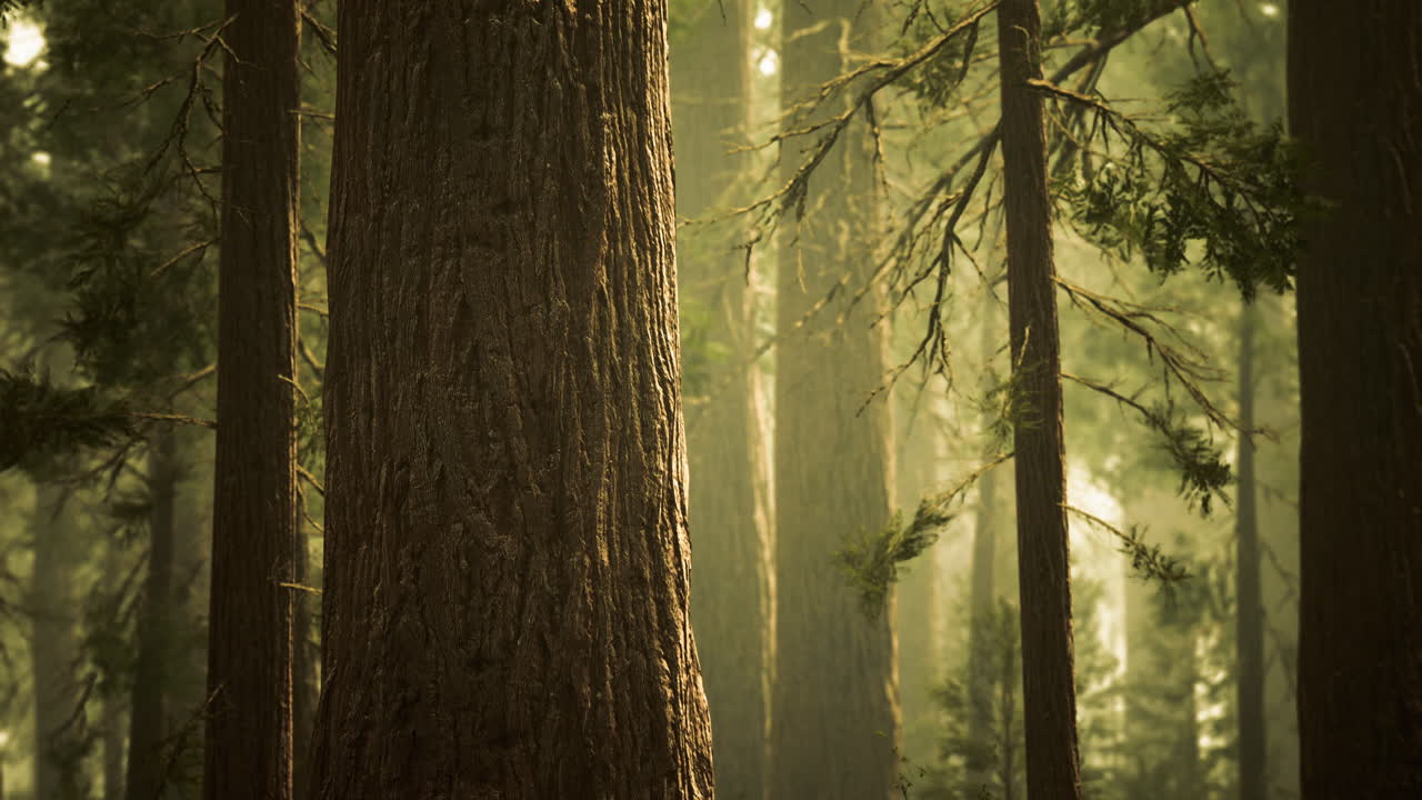 Majestic tall trees surrounded by lush greenery in a tranquil forest