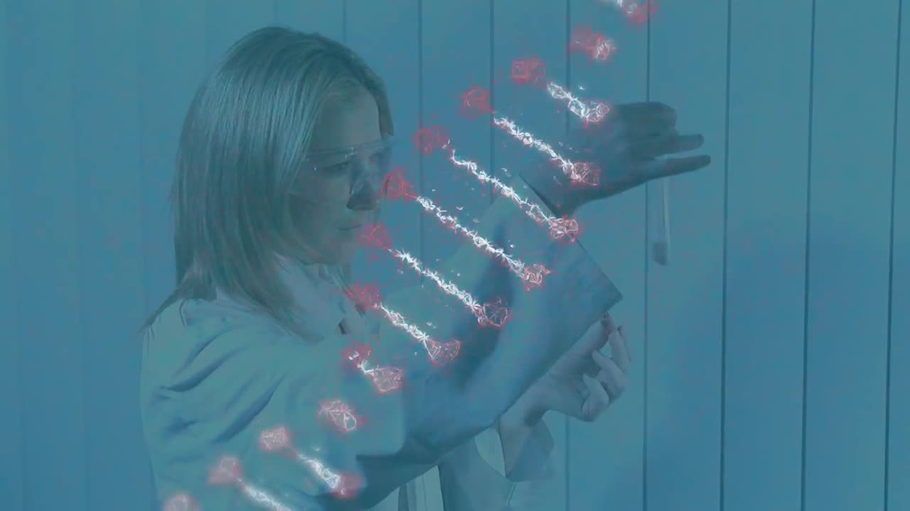 dna를 통해 백인 여성 실험실 직원의 애니메이션