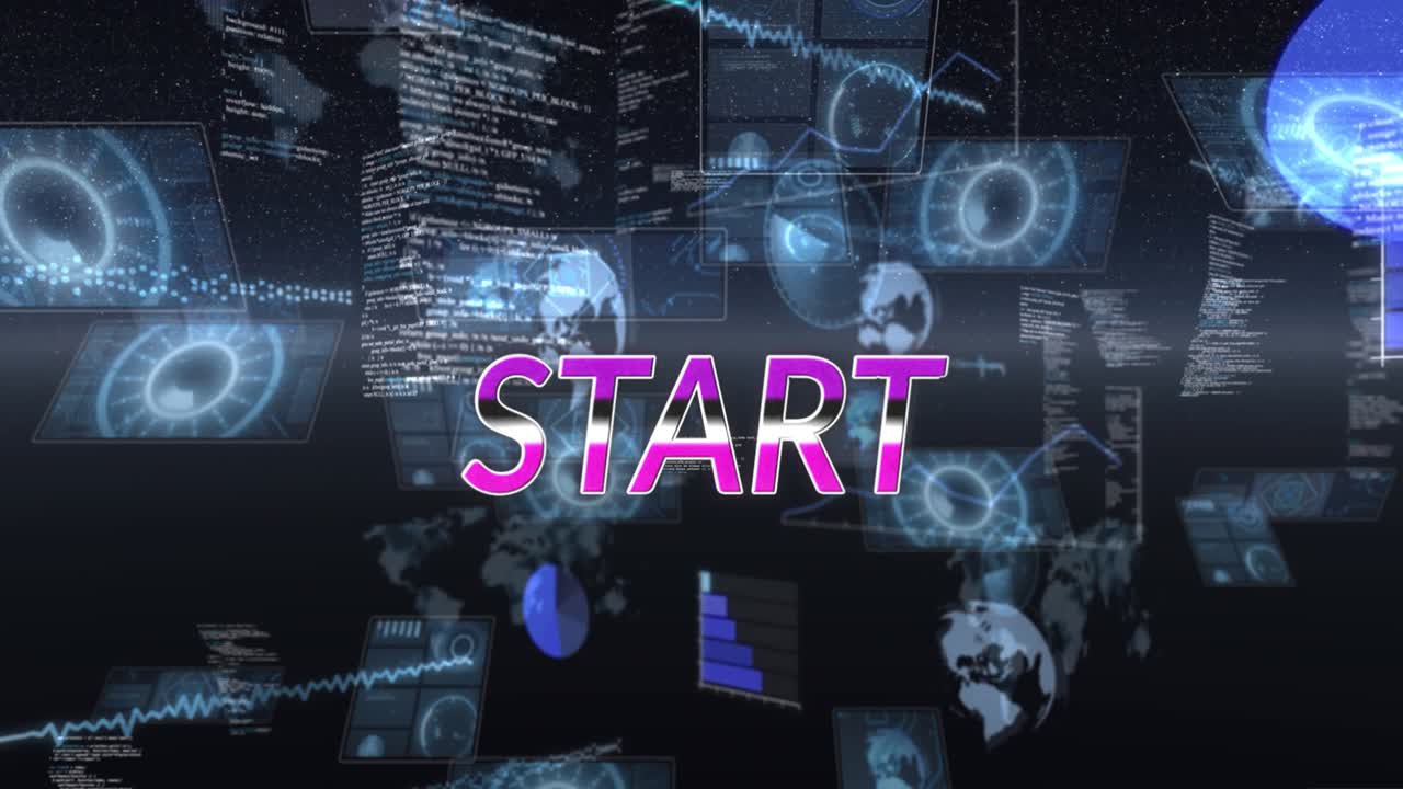 Animation of start text and data processing on black background