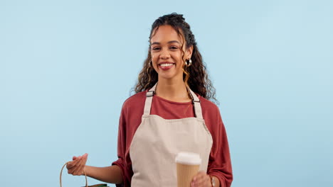 waitress woman, coffee and studio with smile