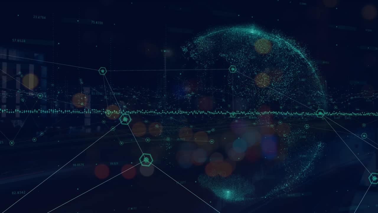 Animation of network of connections with icons and globe over cityscape