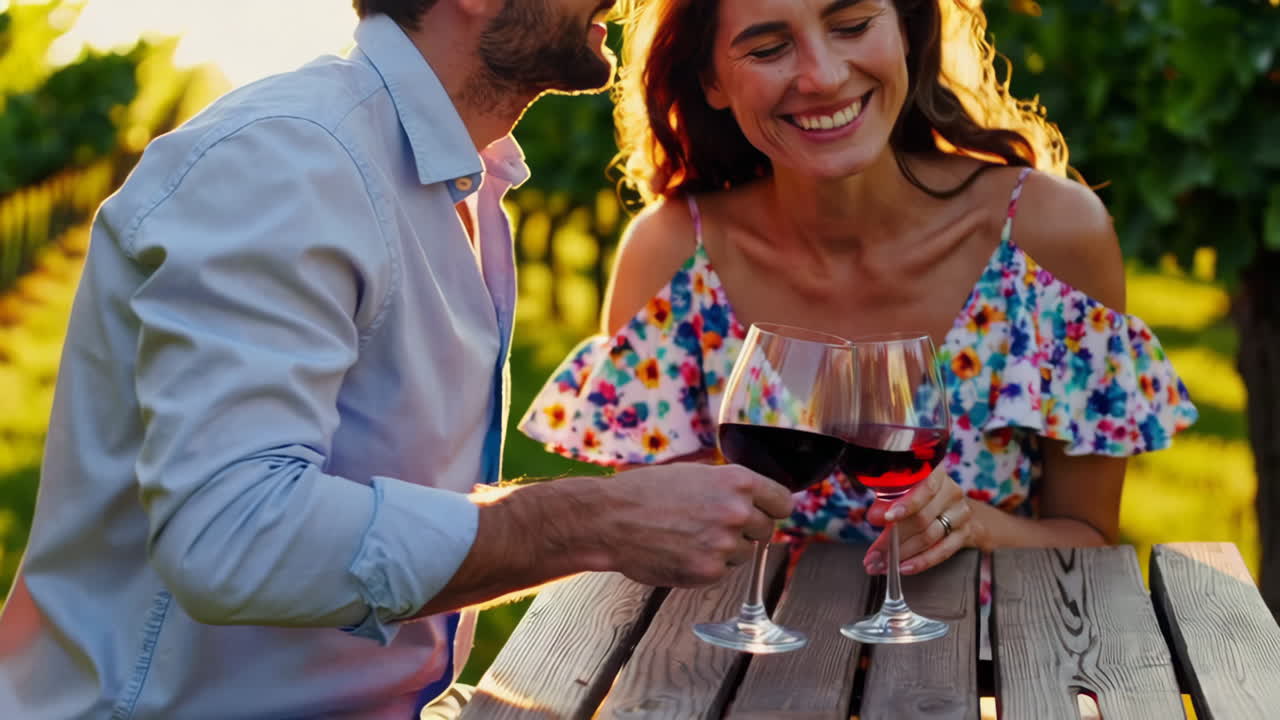 Una coppia che si gode il vino in un vigneto al tramonto