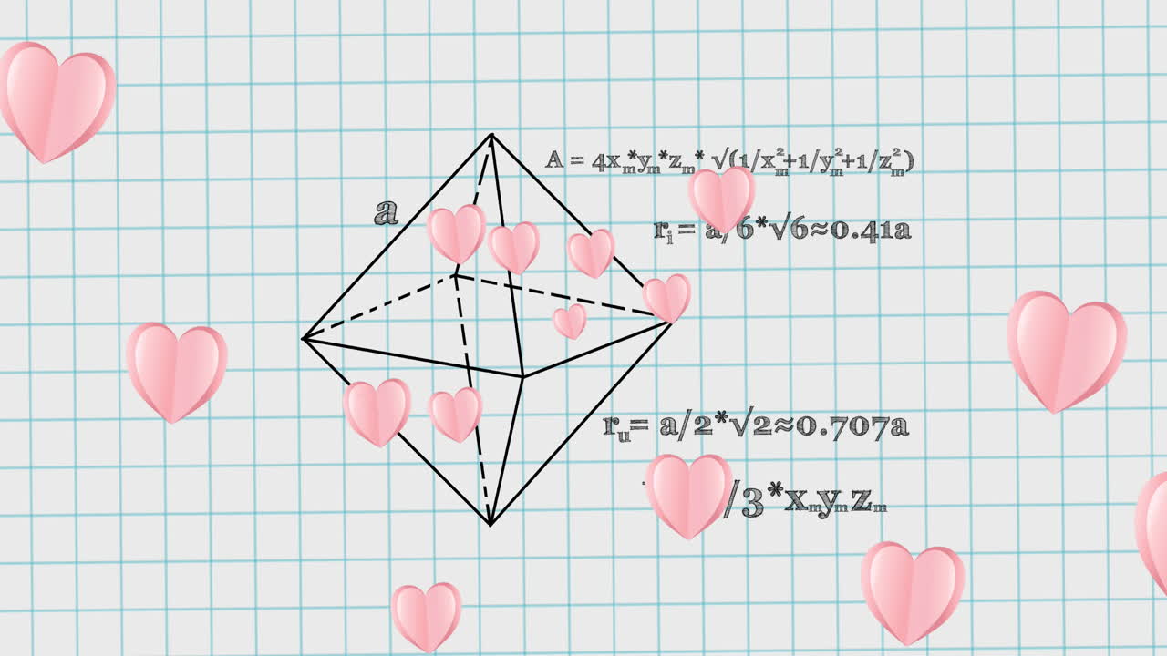 анимация сердец, падающих над математическими уравнениями в школьной тетради
