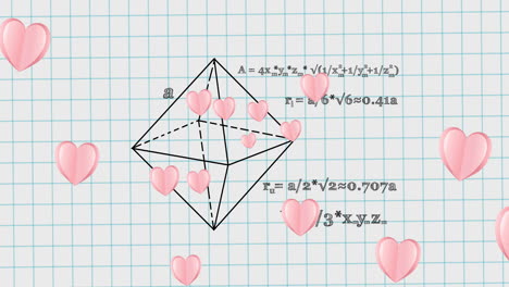 animación de corazones que caen sobre ecuaciones matemáticas en el cuaderno de la escuela
