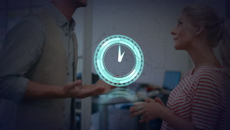 animación de reloj y moléculas sobre la gente studding
