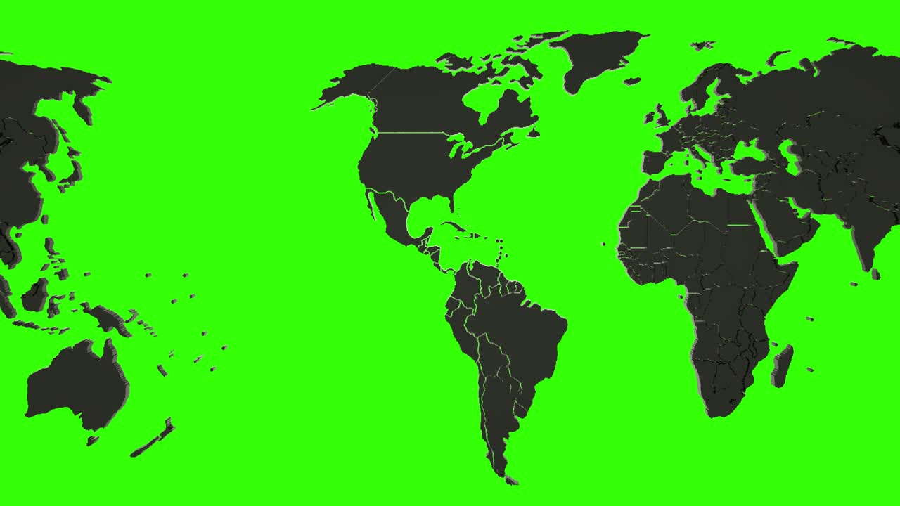 animación 3d en bucle de un mapa del mundo negro en pantalla verde. desplazamiento de izquierda a derecha