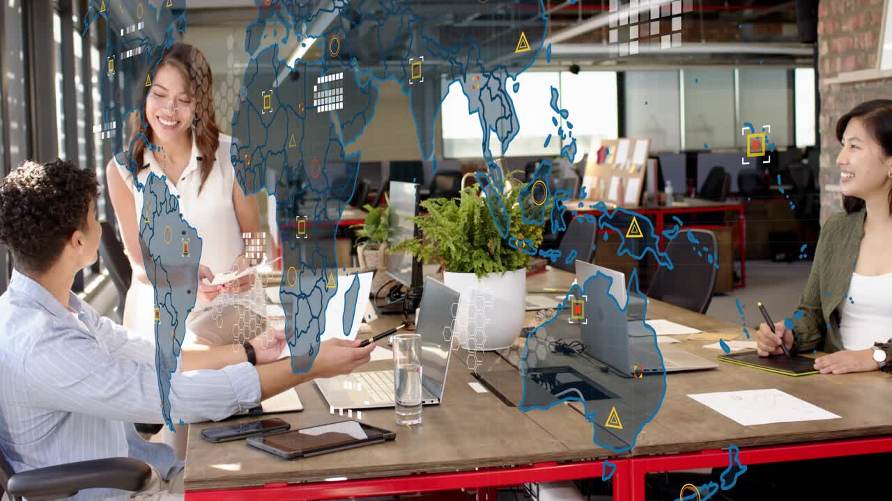 Woman handing report to man in office meeting, starting map overlay over team for project review