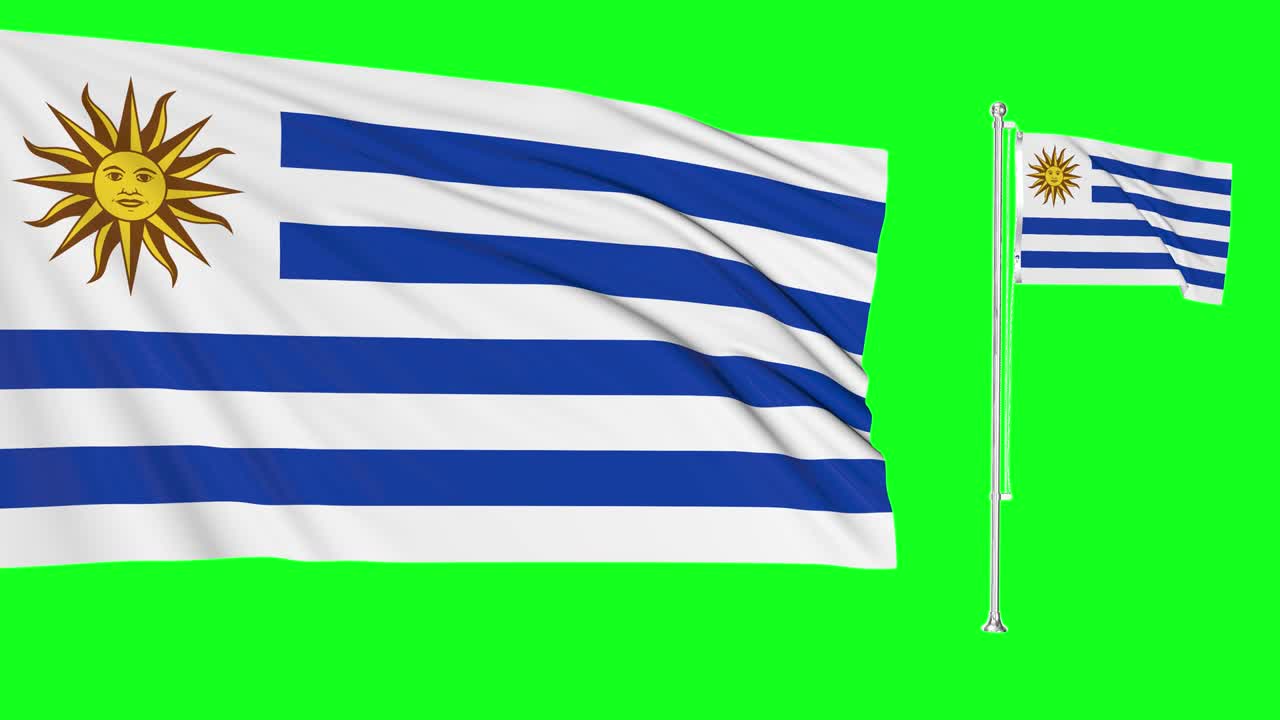 pantalla verde uruguay dos banderas ondeando en el viento estandarte uruguayo animación 4k 3d clave de croma