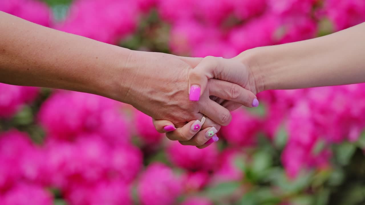 Emotional slow motion handshake unite gently amid blooming pink blossoms, 4K