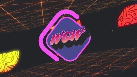 Animation-Von-Wow-Text-über-Violetter-Rautenform-Mit-Leuchtenden-Formen-Und-Orangefarbenem-Gitter