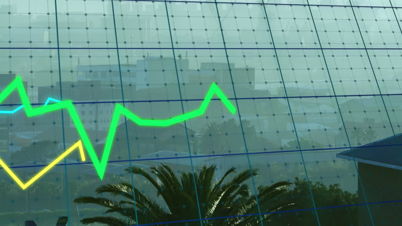 animación del procesamiento de datos estadísticos a través de la red de cuadrícula frente a una vista aérea del paisaje urbano