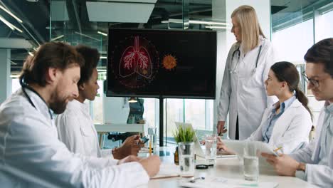 equipo de médicos multiétnicos discutiendo la enfermedad pulmonar covid mientras observan la pantalla digital en la oficina del hospital