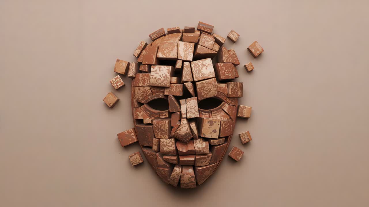 Showing mounted mosaic mask shifting outward over six frames, beige wall with detached cubic tiles