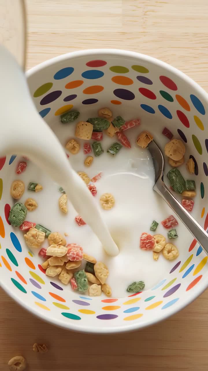Video verticale: latte versato da sinistra che riempie una ciotola di cereali a pois sul tavolo, cucchiaio a destra, preparazione