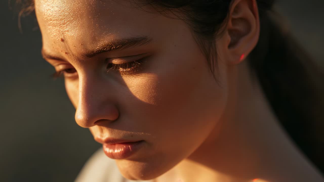 Noticing sunlight shift woman lifting gaze and turning head at golden-hour hair tied back light top