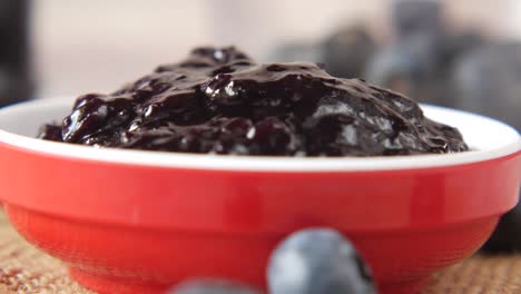 close-up of blueberry jam in a red bowl