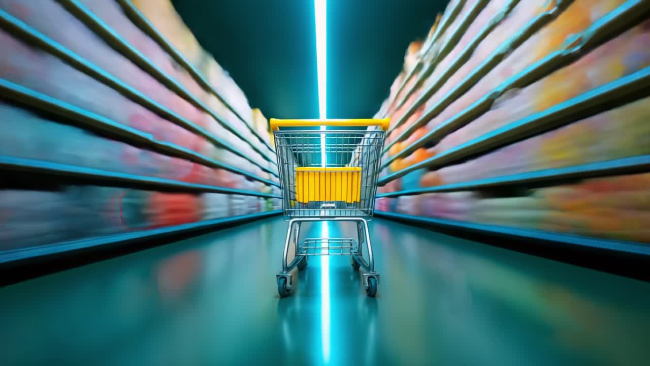 A Vibrant Shopping Experience: Visual Journey through a Supermarket Aisle with a Focus on a Yellow Shopping Cart Surrounded by Colorful Product Shelves