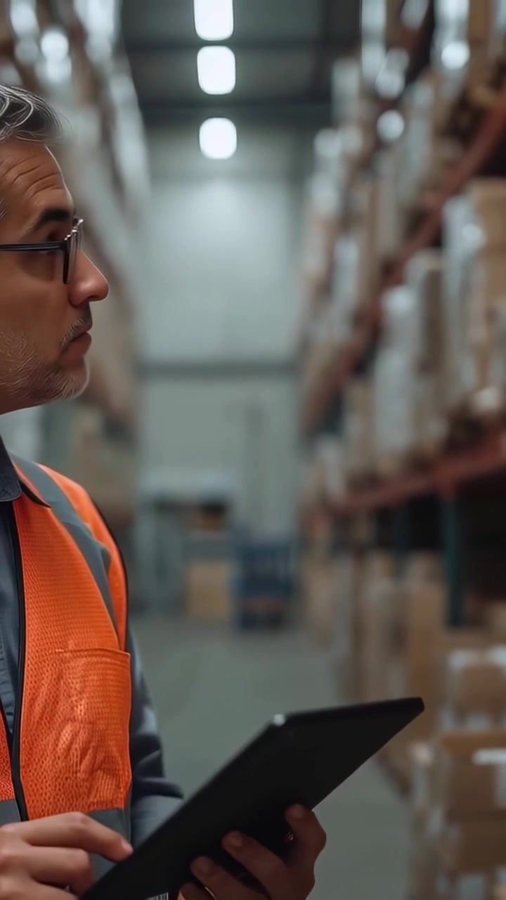 Vertical video: Tapping tablet, worker in orange vest checking stock on racks, copy space