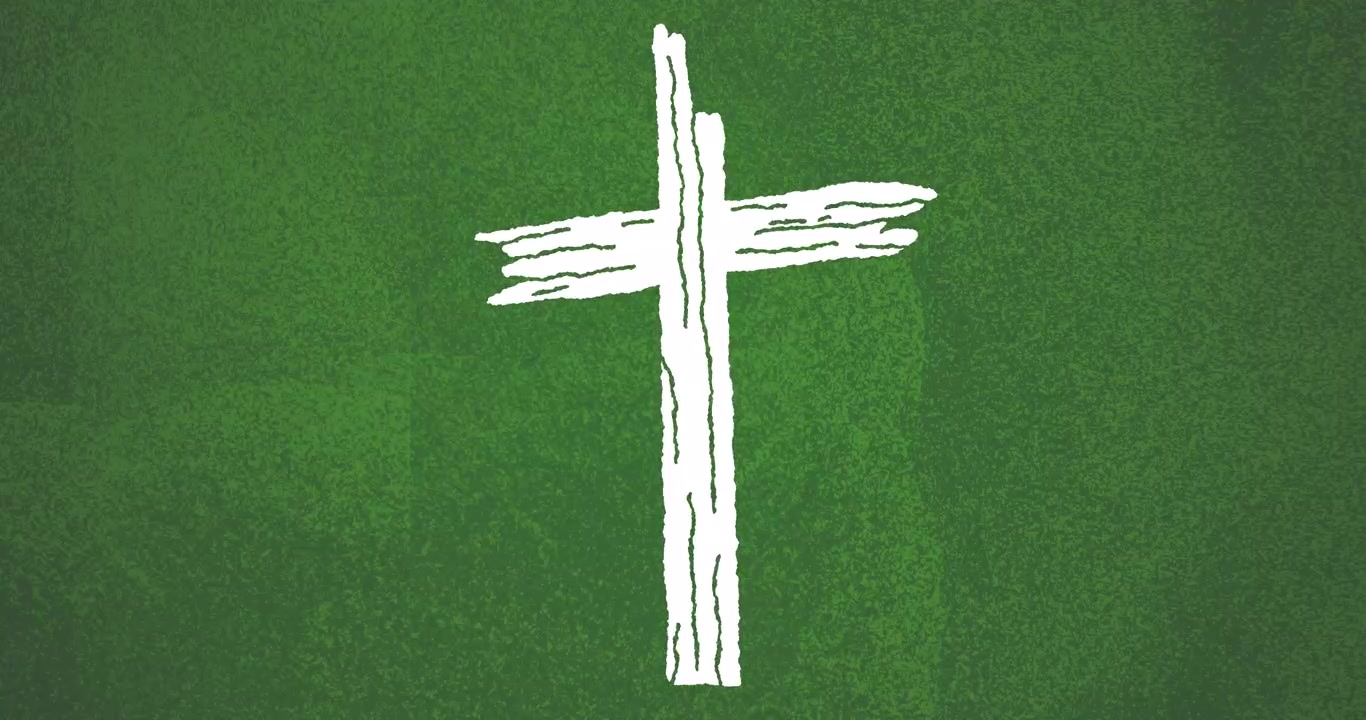 Weißes christliches Kreuz, das auf strukturiertem grünem Hintergrund erscheint und verblasst