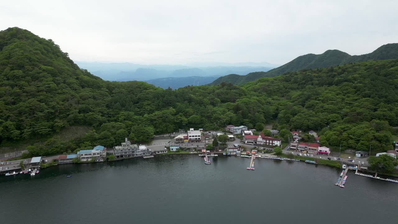 Drone push in flight shot at lake Haruna in Gunma, Japan