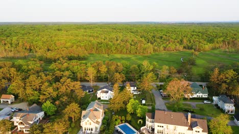 flying drone view of maine swamp woods. dense green forest, creeks, ponds, road lined with powerlines, scattered houses, parked cars, and people driving to vacation in the wild wetlands.