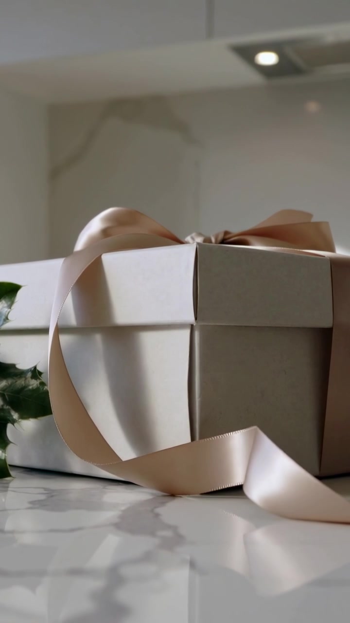 Video verticale: Mano che entra e tira un nastro su una scatola regalo su un bancone di casa, la coda che ondeggia verso il basso, agrifoglio.