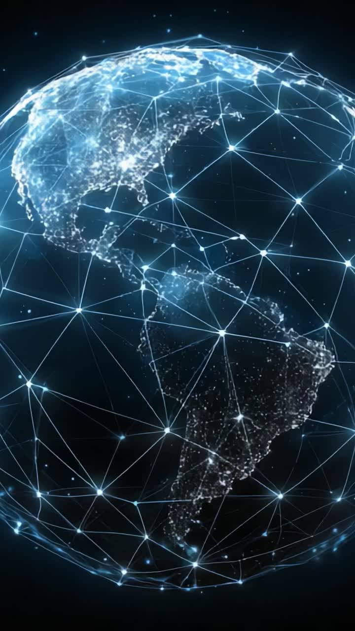 Una straordinaria rappresentazione visiva della connettività globale con una Terra realizzata con rendering digitale, circondata da una rete di nodi e linee interconnessi che illustrano un complesso scambio di dati globale.