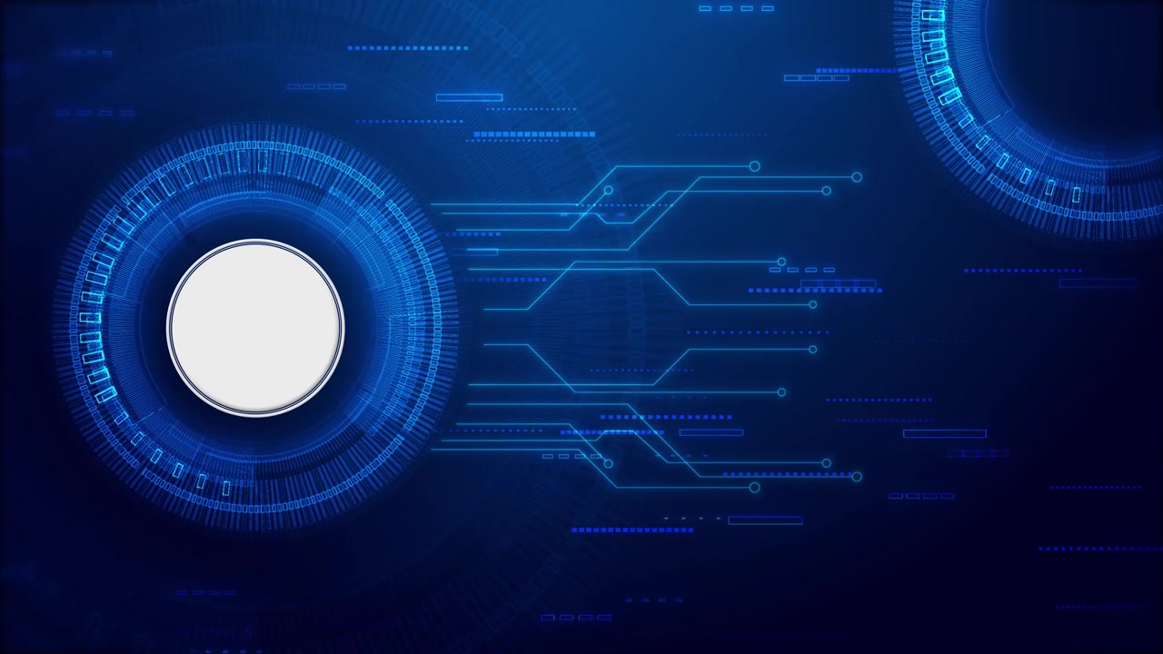 Blue circular hud circuit background with glowing interface ring electronic routes dark tech space