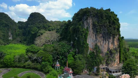 el camino conduce a través de un bosque verde exuberante rodeado de altos acantilados de piedra caliza en un paisaje tropical