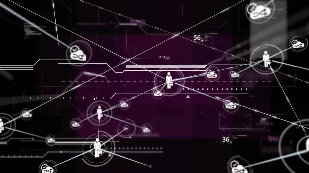 Animation of network of connections with people icons over black background