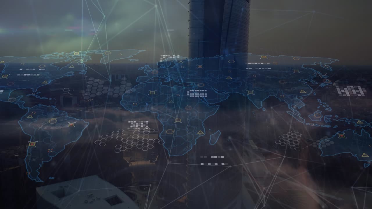 Animation of world map with data processing and network of connections over cityscape