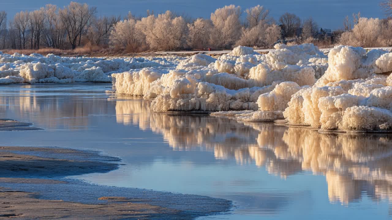 Serene Winter Landscape with Ice Formations and Reflective Waters, Showcasing the Beauty of Nature's Frozen Artistry in a Tranquil Environment