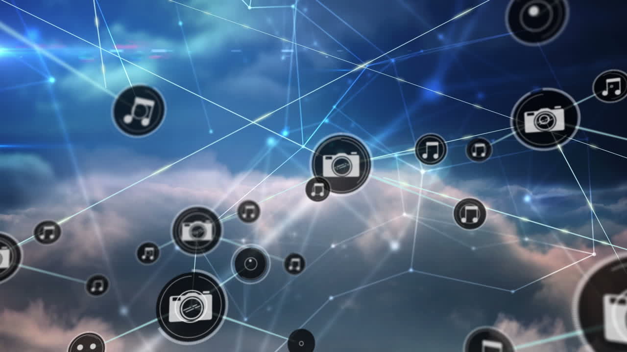 구름이 있는 하늘 위의 아이콘으로 연결된 네트워크의 애니메이션