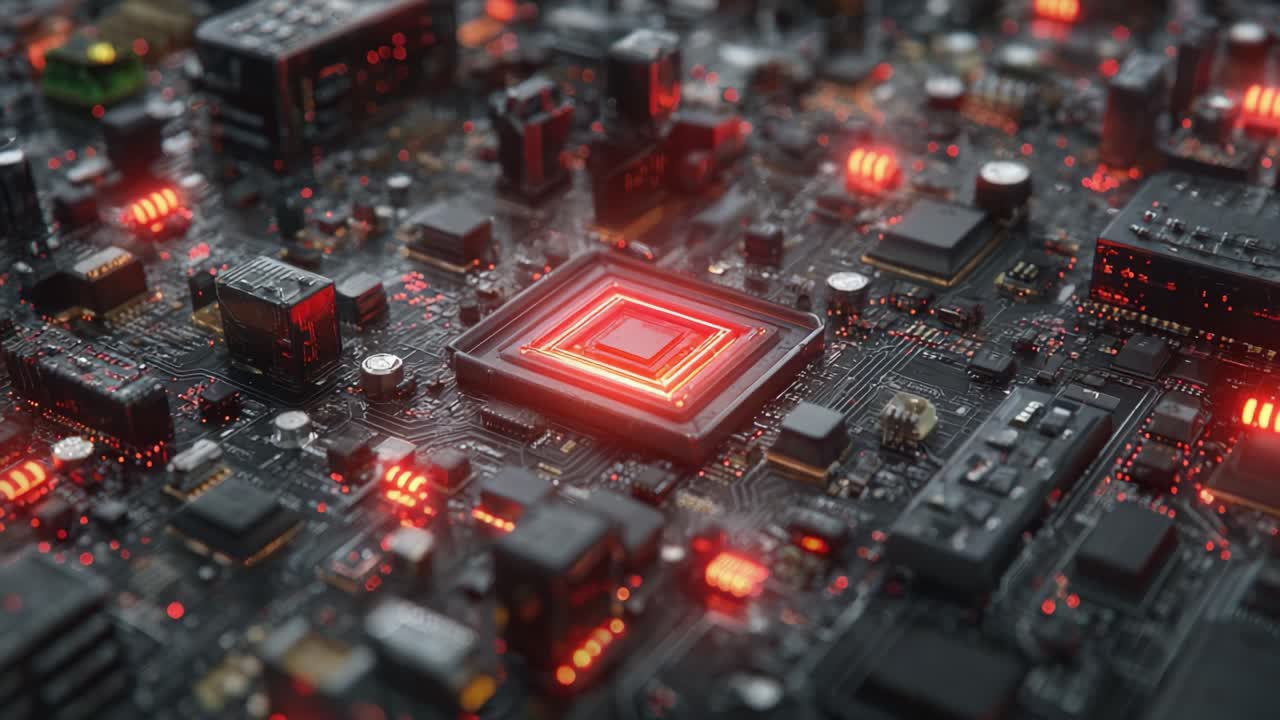 Et indviklet nærbillede af et printkort, der fremhæver en central processor med levende røde lys, og viser avanceret teknologi og kompleks elektronik i aktion