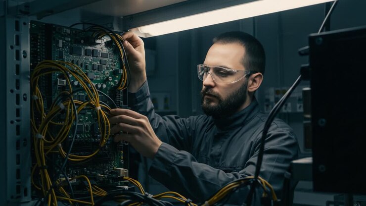A Technician Expertly Adjusts Connections in a Complex Server Rack, Ensuring Optimal Performance and Functionality in a High-Tech Environment