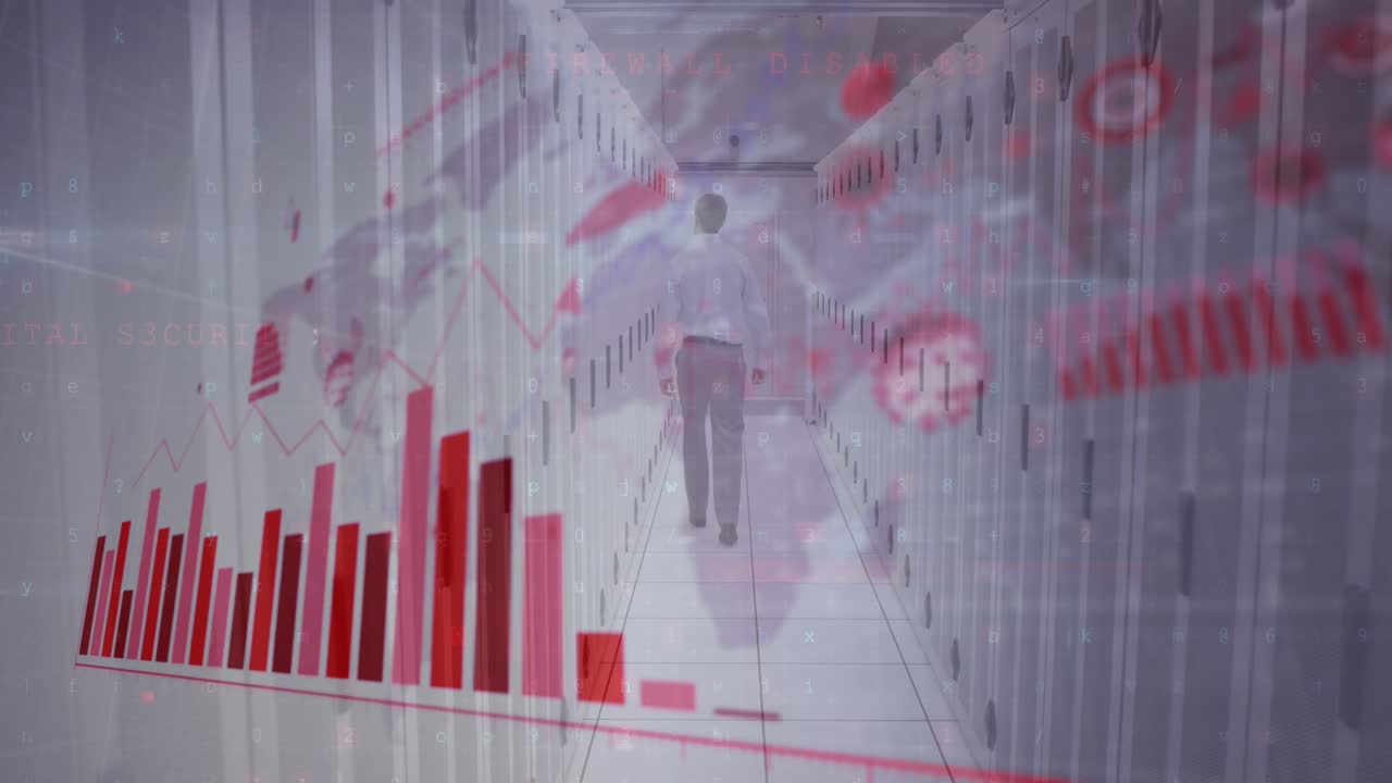 Animation of data processing over caucasian male worker in server room