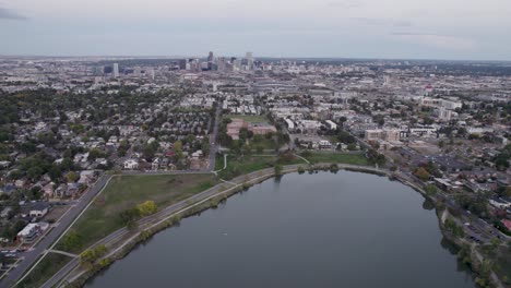 A-4K-high-flying-drone-shot-of-Sloan’s-Lake,-the-biggest-lake-in-the-city-of-Denver,-Colorado,-and-home-to-the-second-largest-park-in-the-city,-and-a-myriad-of-outdoor-activities