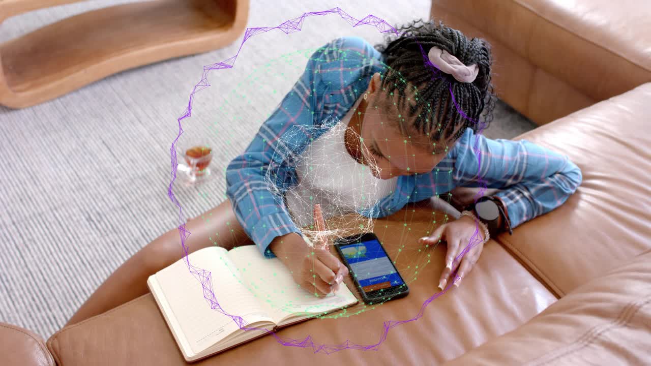Woman on phone, tying apron, kneading dough for home baking with digital orb centering on hands