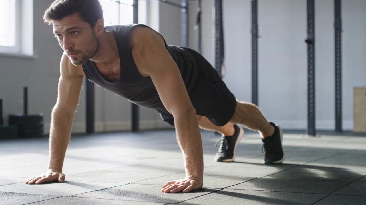 Lowering man in dark tank starting low, pressing on gym floor with rings for training