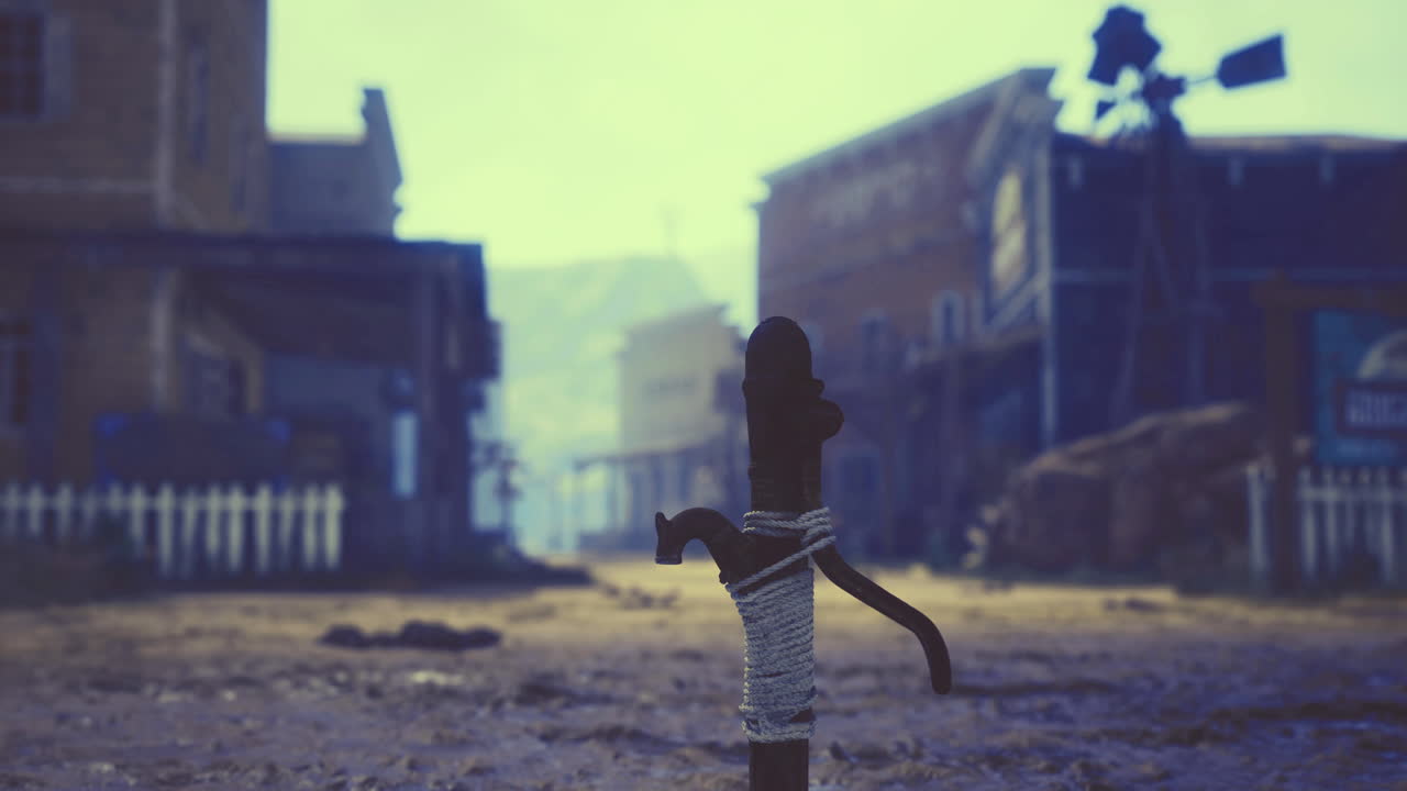 Desolate western town street with tied post and wooden buildings at dusk